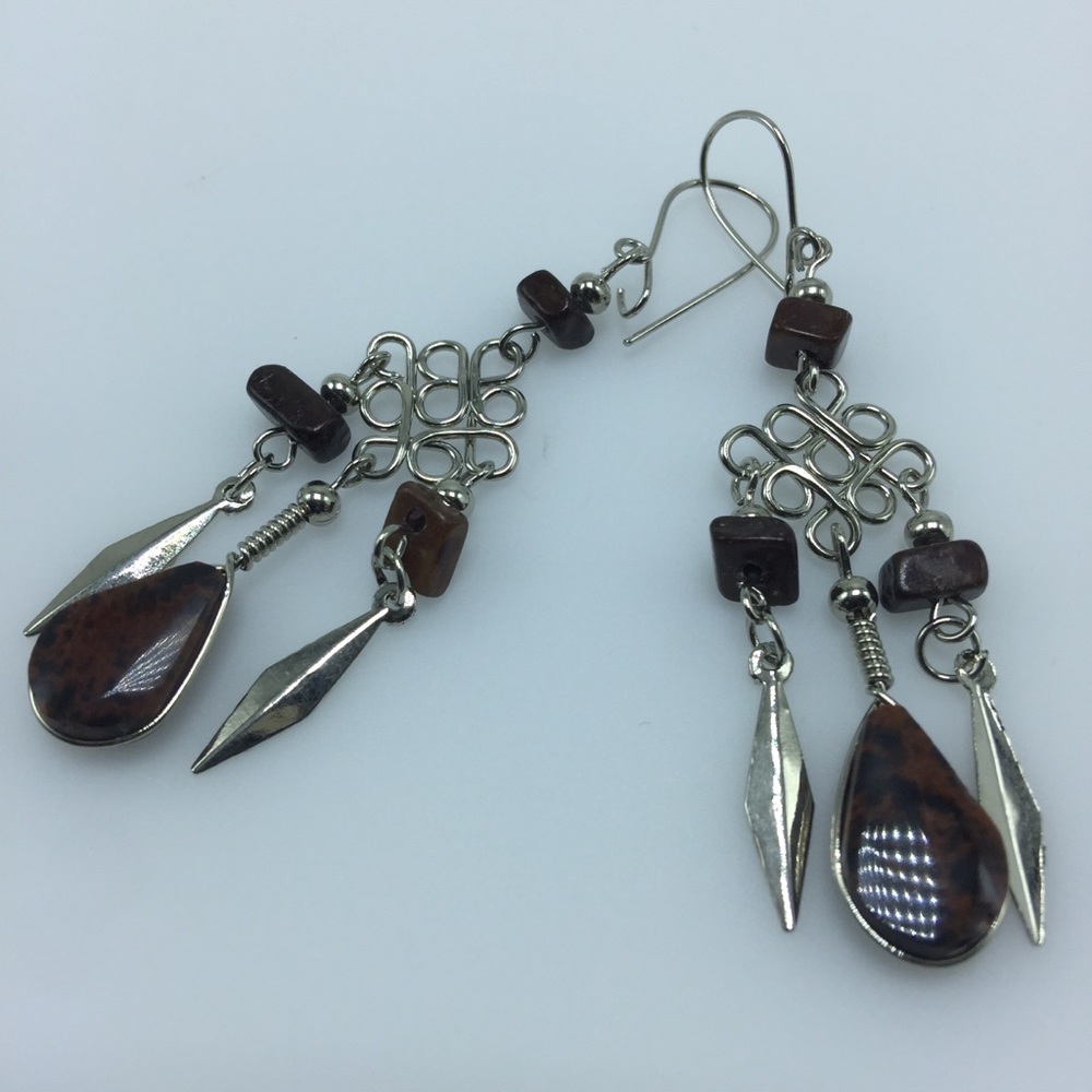 Natural Brown Stone Earrings in Alpaca Silver